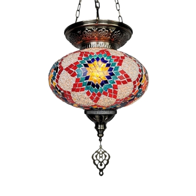 Oval Shade Restaurant Hanging Light Vintage Stained Glass 1 Light Red/Blue Ceiling Pendant Lamp