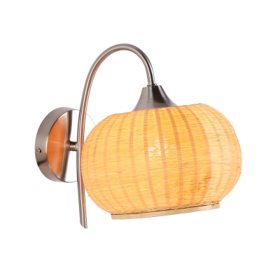 Pumpkin Bamboo Sconce Chinese 1 Head Beige Wall Mounted Light Fixture with Metal Curved Arm