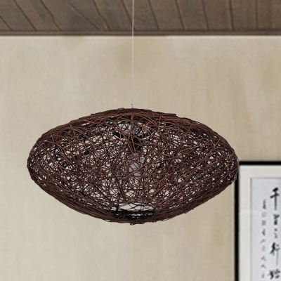 Rattan Flying Saucer Pendant Light Japanese 1 Bulb Suspended Lighting Fixture in White/Black