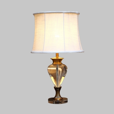 Retro Flared Table Lamp 1 Head Clear Crystal Nightstand Light in Beige with Fabric Shade