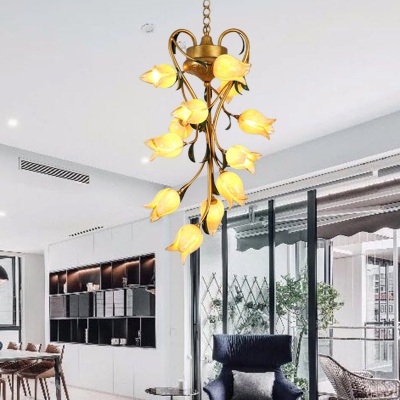 Retro Floral Chandelier Lighting Fixture 12 Heads Metal LED Pendant Ceiling Light in Brass for Dining Room