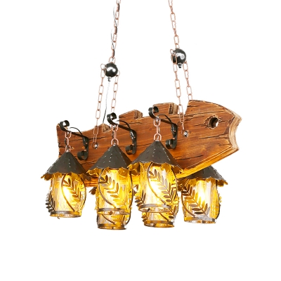 Retro House Island Ceiling Light 6 Lights Clear Glass/White Fabric Billiard Lamp in Brown with Fish-Shaped Frame