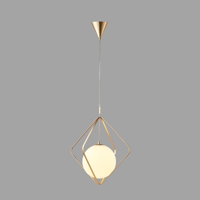 Square Pendant Lamp Simple Metal 1 Bulb Gold Hanging Light Fixture with White Glass Shade, 10.5