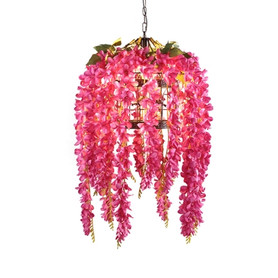 1-Head Metal Ceiling Lamp Antique Pink/Purple/Green Birdcage Restaurant LED Pendant Light Fixture with Flower