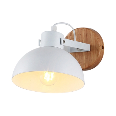 1 Bulb Domed Sconce Light Modern Metal Wall Mounted Lighting in White with Circle Wood Backplate