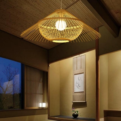 1 Bulb Restaurant Hanging Lamp Asian Yellow Ceiling Pendant Light with Conical Bamboo Shade