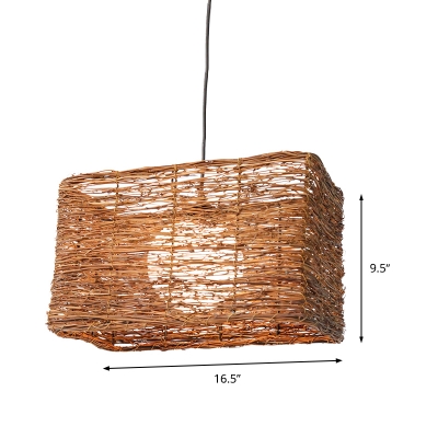 1 Head Living Room Pendant Lamp Asian Brown Ceiling Hanging Light with Rectangle Rattan Shade