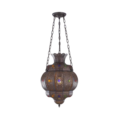 1 Head Metal Ceiling Lamp Traditionary Bronze Carved Living Room Pendant Light Fixture