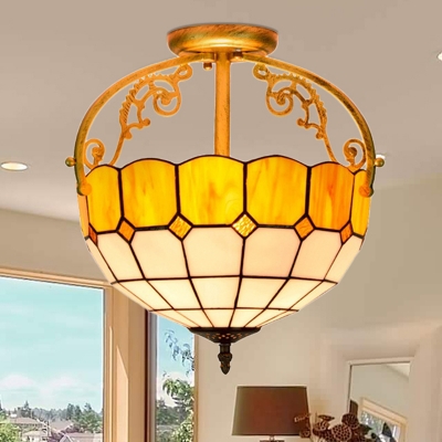 2 Lights Dining Room Semi Flush Lighting Tiffany Yellow/Blue/Orange Ceiling Fixture with Grid Cut Glass Shade