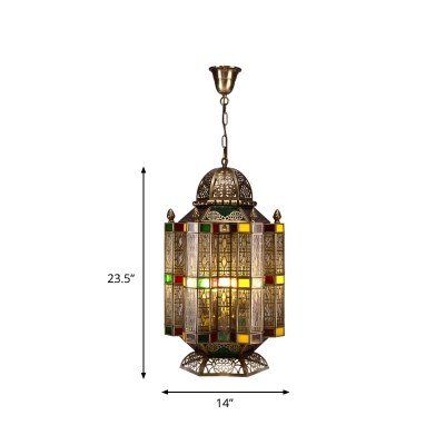 4 Heads Lantern Pendant Chandelier Traditionary Metal Suspended Lighting Fixture in Bronze