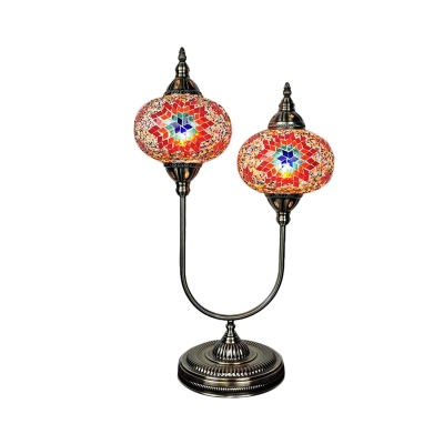 Antiqued Oval Shade Table Lamp 2 Lights Orange/Blue/Yellow Stained Glass Night Lighting with U-Shape Arm