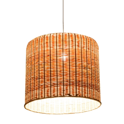 Asian 1 Bulb Hanging Lamp Flaxen Tubular Pendant Light Fixture with Bamboo Shade