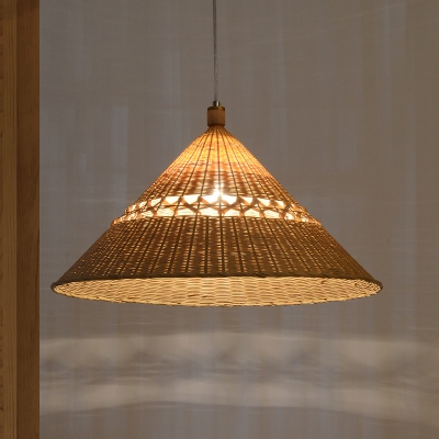 Asian 1 Head Ceiling Light Flaxen Trumpet Pendant Lighting Fixture with Bamboo Shade