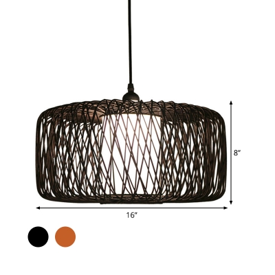 Bamboo Drum Hanging Lamp Chinese 1 Bulb Black/Beige Ceiling Pendant Light for Dining Room