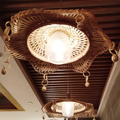 Bamboo Flare Ceiling Lamp Asia 1 Head Khaki Hanging Light Fixture with Clear Lattice Glass Shade