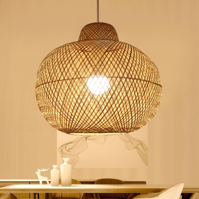 Bamboo Hand Twisted Ceiling Light Japanese 1 Bulb Suspended Lighting Fixture in Khaki