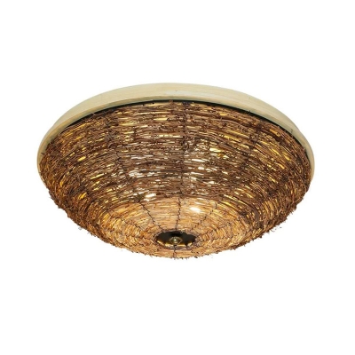 Bowl Flush Mount Asian Rattan 3 Bulbs Brown Close to Ceiling Lamp for Living Room