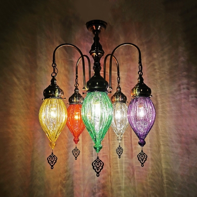 Bronze Urn Hanging Chandelier Traditional Red/Yellow/Green Prismatic Glass 5 Heads Bar Ceiling Pendant Lamp