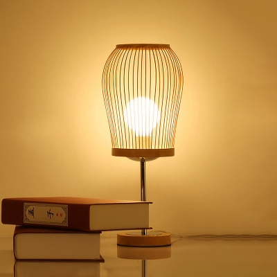 Chinese Lantern Task Lighting Bamboo 1 Head Small Desk Lamp in Beige for Bedroom