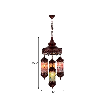 Copper 4 Lights Chandelier Lighting Art Deco Stained Glass Cylinder Hanging Pendant Lamp