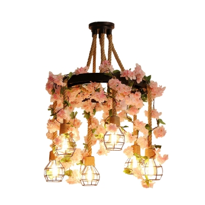 Exposed Bulb Metal Chandelier Lighting Industrial 6 Lights Restaurant LED Ceiling Lamp in Pink/Rose Red