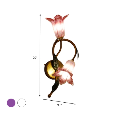Flared White/Purple Glass Sconce Traditionalism 2 Heads Living Room Wall Light Fixture in Gold/Black