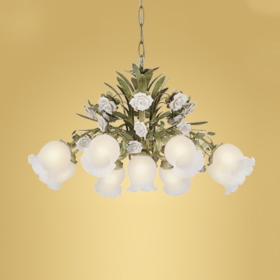 Floral Cream Glass Chandelier Light Traditionalism 4/7/9 Bulbs Bedroom LED Pendant Lamp in Green