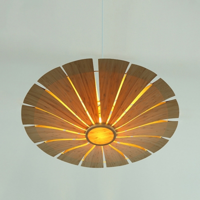 Flying Saucer Pendant Lighting Chinese Wood 1 Head Beige Ceiling Suspension Lamp, 19.5
