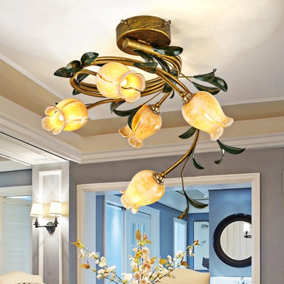 Frosted Glass Brass Ceiling Flush Bloom 5 Heads Retro LED Semi Mount Lighting for Dining Room