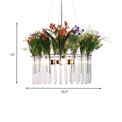 Green Drum Chandelier Pendant Light Industrial Metal 4 Heads Restaurant LED Hanging Lamp with Flower Decoration