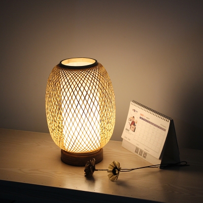Hand-Worked Desk Light Japanese Bamboo 1 Bulb Task Lighting in Wood for Bedside
