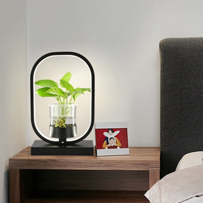 Industrial Oval Night Table Lamp LED Metal Nightstand Light in Black/Grey/White without Plant for Living Room