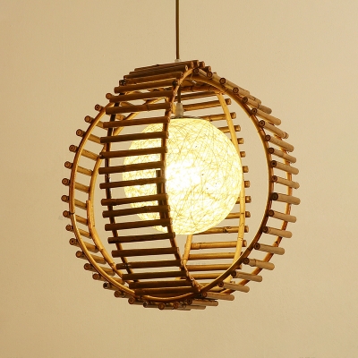 Japanese 1 Bulb Pendant Light Khaki Round Suspended Lighting Fixture with Bamboo Shade