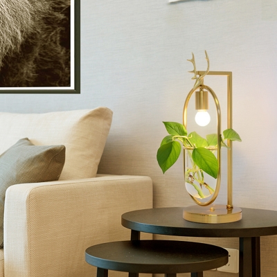 LED Metal Nightstand Lamp Vintage Gold Oval Living Room Plant Table Light with Deer Head Decoration