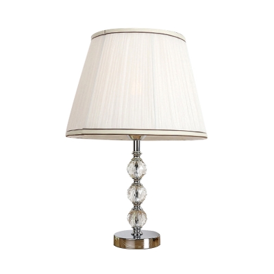 Minimal Conical Table Lamp 1 Head Crystal Bead Nightstand Light in White/Beige/Pink with Fabric Pleated Shade
