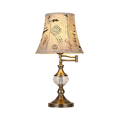 Retro Bell Table Lamp 1 Head Clear Crystal Nightstand Light in Beige/Light Brown with Fabric Shade