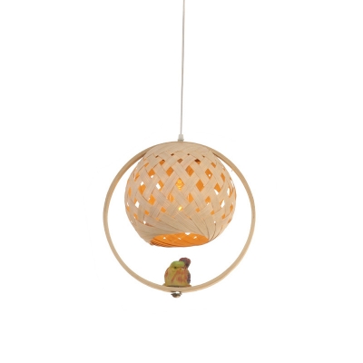 Round Pendant Lighting Chinese Bamboo 1 Head Beige Ceiling Suspension Lamp with Bird