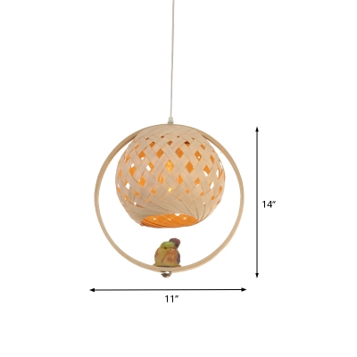 Round Pendant Lighting Chinese Bamboo 1 Head Beige Ceiling Suspension Lamp with Bird