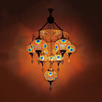 Traditional Ball Chandelier Pendant 10 Heads White/Yellow/Orange Stained Glass Hanging Light Fixture