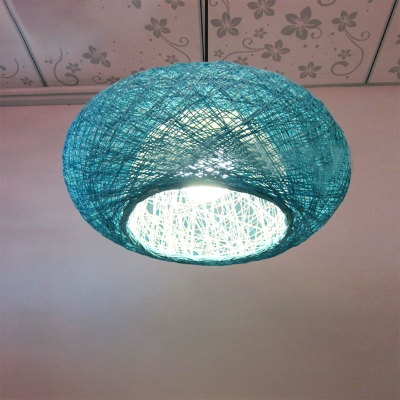 1 Bulb Restaurant Hanging Lamp Asia Blue Ceiling Pendant Light with Lantern Rattan Shade