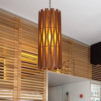 1 Head Cylindrical Hanging Light Japanese Wood Suspended Lighting Fixture in Khaki