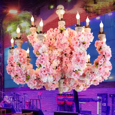 15 Lights Flower Chandelier Lighting with Candlestick Metal Industrial LED Restaurant Drop Pendant in Pink