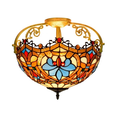 2/3 Lights Semi Mount Lighting Tiffany Flower Stained Glass Ceiling Mounted Fixture in Brown