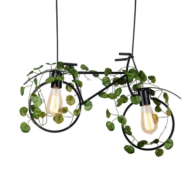 2 Lights Bicycle Island Light Industrial Black Metal Hanging Lamp with Plant Decoration