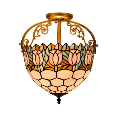 2 Lights Flower Semi Flush Mediterranean Beige Stained Glass Close to Ceiling Lighting for Dining Room