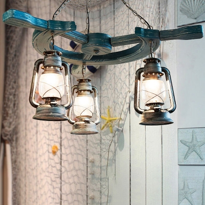 3 Lights Clear Glass Chandelier Lighting Fixture Vintage Blue Kerosene Living Room Pendant Light