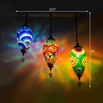 3 Lights Waterdrop Cluster Pendant Art Deco Blue/Green/Blue and Red Stained Glass Hanging Light Kit for Coffee House