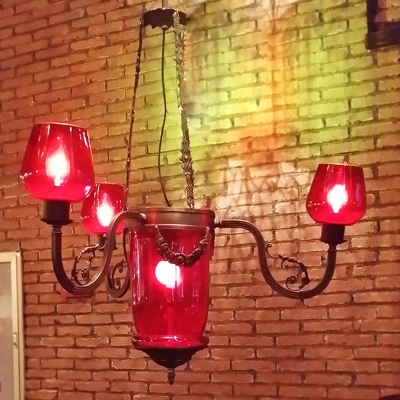 4 Heads Red Glass Ceiling Chandelier Art Deco Black Cup Shaped Restaurant Suspension Pendant Light