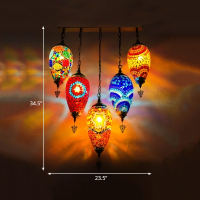 5 Heads Cluster Pendant Light Traditional Teardrop Red/Yellow/Orange Stained Glass Hanging Ceiling Lamp