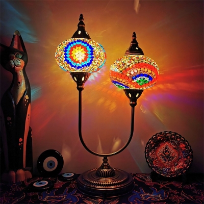 Antiqued Oval Shade Table Lamp 2 Lights Orange/Blue/Yellow Stained Glass Night Lighting with U-Shape Arm